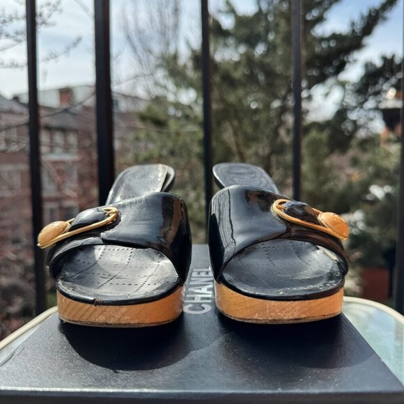 CHANEL Sandals Mules Heeled Shoes Platform Black Buckle CC Logo Box EUR 36.5 - Picture 8 of 16